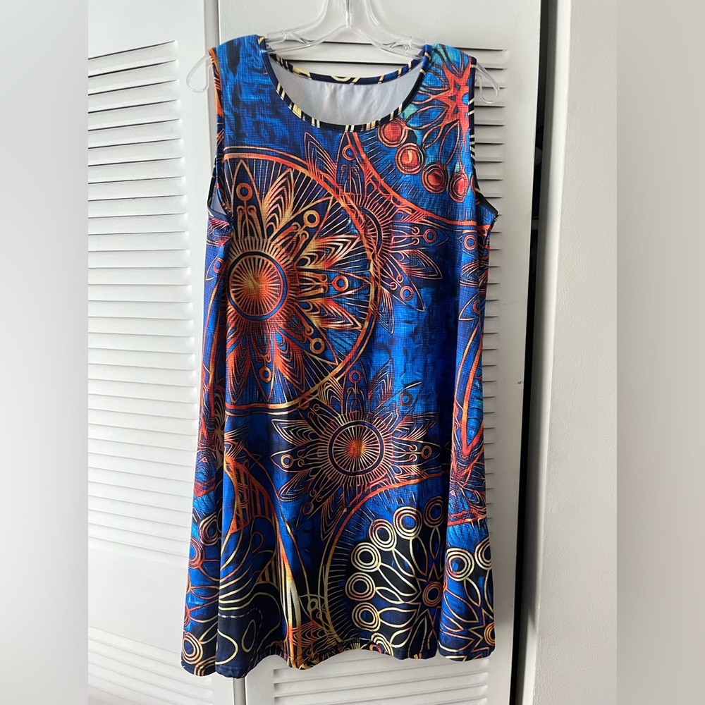 Vibrant Blue and Orange Sleeveless Midi Dress, Size XL